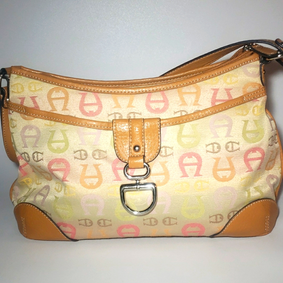 Etienne Aigner Women's Soft Pastel Fabric,And Tan Faux Leather Shoulder Bag.